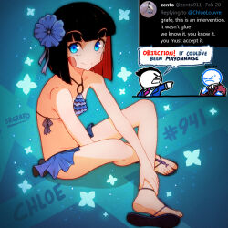 Rule 34 | 1girl, bikini, blue eyes, blush stickers, chloe (srgrafo), english text, multicolored hair, original, sandals, speech bubble, srgrafo, swimsuit, two-tone hair