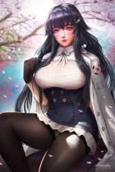 Rule 34 | 1girl, azuma (azur lane), azur lane, black gloves, black hair, black pantyhose, blush, bra visible through clothes, breasts, brown eyes, buttons, cherry blossoms, cloak, corset, dated, day, double-breasted, gloves, hair between eyes, hair ornament, hairclip, hand up, highres, large breasts, long hair, looking at viewer, outdoors, panties, panties under pantyhose, pantyhose, parted lips, petals, red lips, sidelocks, signature, sitting, skirt, smile, solo, turewindwalker, underwear, white panties, white skirt, wind, yellow eyes