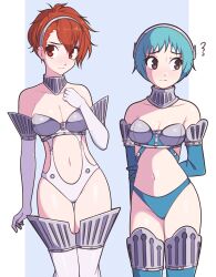 Rule 34 | 2girls, absurdres, armor, bare shoulders, bikini armor, blue gloves, blue hair, blue theme, blush, breasts, brown eyes, buckle, cleavage, commentary, detached collar, elbow gloves, flying sweatdrops, gloves, hairband, high-cut armor (persona), highres, jeff miga, medium breasts, multiple girls, navel, official alternate costume, persona, persona 3, red eyes, red hair, revealing clothes, shiomi kotone, short hair, thighhighs, white gloves, white hairband, white thighhighs, yamagishi fuuka