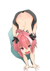 Rule 34 | 1boy, :d, all fours, ass, astolfo (fate), back, backless dress, backless outfit, bare back, bare shoulders, black bow, black ribbon, blush, bow, braid, butt crack, chabatake ao, downpants, dress, fang, fate/apocrypha, fate/grand order, fate (series), from above, full body, hair between eyes, hair bow, hair intakes, hair ribbon, halterneck, hands on floor, highres, long hair, looking at viewer, male focus, meme attire, naked sweater, no panties, open mouth, pink hair, purple eyes, ribbed sweater, ribbon, simple background, single braid, smile, solo, sweater, sweater dress, teeth, trap, turtleneck, turtleneck sweater, virgin killer sweater, white background