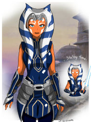 Rule 34 | 1girl, :3, absurdres, ahsoka tano, angry, blue eyes, colored skin, cpt.tester works, energy sword, highres, lightsaber, lipstick, looking at viewer, makeup, orange skin, star wars, star wars: the clone wars, sword, tattoo, togruta, weapon