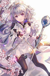 Rule 34 | 1girl, ahoge, black gloves, black thighhighs, cherry blossoms, dress, fate/grand order, fate/grand order arcade, fate/prototype, fate (series), fingerless gloves, gloves, hair intakes, highres, holding, holding staff, kita (kitairoha), long hair, looking at viewer, merlin (fate/prototype), merlin (fate/prototype) (second ascension), multicolored hair, pink hair, purple eyes, purple hair, simple background, smile, solo, staff, streaked hair, thighhighs, white background, white dress, white hair