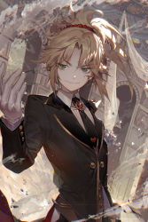 Rule 34 | 1girl, black necktie, blonde hair, blood, coattails, cuts, fate/apocrypha, fate (series), formal, gloves, grin, hand up, injury, kawacy, long hair, looking at viewer, mordred (fate), mordred (fate/apocrypha), mordred (formal dress) (fate), necktie, outdoors, parted bangs, parted lips, ponytail, sidelocks, smile, smoke, solo, suit, tomboy, tsurime, tuxedo, upper body, white gloves