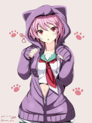 Rule 34 | 10s, 1girl, animal hood, cat day, cat hood, collarbone, crop top, dated, gin&#039;ichi (akacia), hood, hooded jacket, jacket, kantai collection, looking at viewer, navel, neckerchief, parted lips, paw pose, pink hair, red eyes, sailor collar, school uniform, serafuku, short hair, sleeves past wrists, solo, tama (kancolle), twitter username, unzipped, upper body