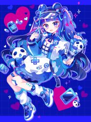 Rule 34 | 1girl, apron, bandaid, bandaid on knee, bandaid on leg, black hat, blue background, blue footwear, blue jacket, blue shirt, blue skirt, cellphone, cellphone charm, charm (object), commentary, d-pad, food, hat, heart, highres, holding, holding food, holding spoon, jacket, leg warmers, letterboxed, long hair, long sleeves, looking at viewer, medicine, medicine bottle, original, panda, parfait, phone, purple eyes, purple hair, saijo1201, shirt, shoes, simple background, skirt, smile, sneakers, solo, spoon, twintails, visor cap, white apron