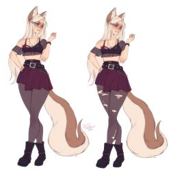 Rule 34 | 1girl, angry, animal ear fluff, animal ears, artist name, belt, black footwear, black nails, black panties, blue eyes, boots, chain, clenched teeth, commentary, cross-laced footwear, fox ears, fox girl, fox tail, freckles, full body, hair ornament, hairclip, hand on own hip, heterochromia, highres, long hair, looking away, looking to the side, losse (personal ami), midriff, multiple views, nail polish, off-shoulder shirt, off shoulder, original, panties, pantyhose, parted lips, personal ami, see-through, shirt, simple background, skirt, tail, teeth, torn clothes, torn pantyhose, underwear, white background, white hair, yellow eyes