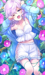 Rule 34 | 1girl, arm up, bloomers, cardigan, crop top, flower, hand up, highres, kishinaito, long hair, long sleeves, looking at viewer, midriff, morning glory, navel, off shoulder, one eye closed, open mouth, original, pajamas, plant, purple eyes, purple hair, rubbing eyes, solo, spaghetti strap, tearing up, underwear, vines, waking up, yawning