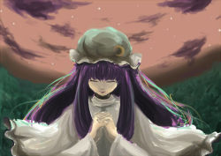 Rule 34 | 1girl, capelet, closed mouth, dress, closed eyes, fechirin, female focus, frills, hat, long hair, mob cap, own hands together, patchouli knowledge, purple hair, solo, touhou, upper body, very long hair, white dress, wind