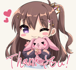 Rule 34 | 1girl, ;3, black jacket, blush stickers, brown hair, closed mouth, commentary, dress, earrings, grey background, hair between eyes, hair ornament, hairclip, jacket, jewelry, long hair, long sleeves, looking at viewer, maruma (maruma gic), hugging object, one eye closed, one side up, open clothes, open jacket, original, puffy long sleeves, puffy sleeves, purple eyes, simple background, sleeves past wrists, solo, stud earrings, stuffed animal, stuffed rabbit, stuffed toy, symbol-only commentary, upper body, very long hair, white dress
