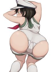 Rule 34 | 1girl, all fours, ass, ass focus, black hair, blush, clothes pull, fat mons, green eyes, hat, huge ass, kneehighs, looking to the side, murasa minamitsu, panties, pants, pants pull, pointy ears, profile, sailor collar, sailor hat, shirt, short hair, simple background, sleeveless, socks, solo, touhou, toujou (toujou ramen), underwear, white background, white socks, white panties, white shirt