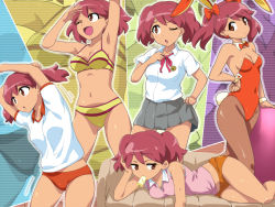 Rule 34 | 1girl, ;o, adjusting neckwear, alternate costume, animal ears, arms up, bikini, bored, bow, bowtie, breasts, buruma, cleavage, couch, covered navel, detached collar, earrings, fake animal ears, fake tail, female focus, food, gym uniform, hair ribbon, hairu, hand on own hip, happy, head rest, highres, hinata natsumi, jewelry, keroro gunsou, legs, leotard, looking at viewer, lying, midriff, mouth hold, navel, on side, one eye closed, open mouth, orange leotard, pantyhose, playboy bunny, popsicle, rabbit ears, rabbit tail, red eyes, red hair, red neckwear, red ribbon, ribbon, school uniform, short shorts, shorts, skirt, skirt grab, small breasts, smile, solo, spread legs, standing, stretching, striped bikini, striped clothes, swimsuit, tail, thighs, twintails, two-tone bikini, two side up