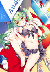 Rule 34 | 10s, 1girl, :q, anchovy (girls und panzer), barefoot, beach umbrella, bikini, blush, book, bottle, brown eyes, can, cooler, drill hair, feet, female focus, girls und panzer, green hair, hair ribbon, leg up, long hair, looking at viewer, lotion, lying, on back, rei (rei&#039;s room), ribbon, sand, sandals, shiny skin, smile, solo, swimsuit, tongue, tongue out, towel, twin drills, twintails, umbrella
