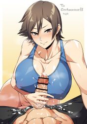 Rule 34 | 1boy, 1girl, abs, artist name, bar censor, bare shoulders, black pants, blue shirt, bottomless, breasts, brown eyes, brown hair, censored, cleavage, closed mouth, collarbone, commission, crop top, cum, cum on clothes, handjob, houjoh (7th-heaven), kazama asuka, large breasts, looking at viewer, muscular, muscular female, muscular male, nipple stimulation, nipple tweak, pants, penis, pov, shirt, short hair, skeb commission, smile, tekken, yellow background