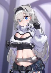 Rule 34 | 1girl, animal ears, arknights, aurora (arknights), bear ears, belt, belt pouch, black gloves, black hairband, blue eyes, blush, breasts, cleavage, closed mouth, cowboy shot, crop top, dishui tangni, eyes visible through hair, garter belt, gloves, hair over one eye, hairband, large breasts, long hair, long sleeves, looking at viewer, navel, pouch, puffy long sleeves, puffy sleeves, revealing clothes, silver hair, solo, sports bra, stomach, unzipped, very long hair