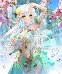 Rule 34 | 1girl, arm up, armpits, artist name, blush, breasts, cherry blossoms, cleavage, clothing cutout, cowboy shot, day, detached sleeves, dress, flower, green dress, green eyes, hair flower, hair ornament, highres, large breasts, long hair, navel, navel cutout, original, pink flower, pistachiocream, pointy ears, see-through, see-through dress, short sleeves, sidelocks, skirt hold, smile, solo, spring (season), water drop, water wheel, yellow flower