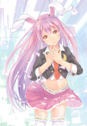 Rule 34 | 1girl, animal ears, blazer, crescent, frilled thighhighs, frills, gradient background, hands on own chin, head tilt, highres, jacket, light purple hair, long hair, looking at viewer, midriff, nakahara masahiko, necktie, open clothes, open jacket, own hands together, petticoat, pleated skirt, rabbit ears, red eyes, red necktie, reisen udongein inaba, skirt, smile, solo, thighhighs, touhou, very long hair