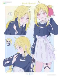 Rule 34 | 1girl, ahoge, annoyed, arm up, black shirt, blonde hair, blush, bocchi the rock!, bow, braid, chibi, collar, commentary request, crop top, detached ahoge, dress, expressionless, frilled collar, frills, hair between eyes, hair bow, hair ornament, hairclip, hands on own face, head rest, highres, ijichi nijika, light frown, long hair, long sleeves, o-ring, o-ring thigh strap, open mouth, partial commentary, pleated dress, ponytail, red bow, scribble, shirt, shirt over dress, sidelocks, sitting, smile, solo, sutera sea, tearing up, thigh strap, twin braids, white dress
