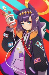 Rule 34 | 1girl, absurdres, black choker, black hoodie, blush, choker, chopsticks, cup, cup ramen, earbuds, earphones, essukaa (e-su), food, grey eyes, halo, highres, holding, holding cup, hololive, hololive english, hood, hood down, hoodie, long hair, looking at viewer, mole, mole under eye, ninomae ina&#039;nis, noodles, open clothes, open hoodie, pointy ears, purple hair, ramen, takodachi (ninomae ina&#039;nis), tentacle hair, virtual youtuber