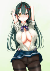 Rule 34 | 1girl, areola slip, arms behind head, azur lane, black hair, black pantyhose, blue skirt, blush, breasts, cleavage, clothes lift, collared shirt, commentary request, covered erect nipples, gloves, hair between eyes, horns, large breasts, long hair, looking at viewer, navel, no bra, ohto geri, oni horns, open clothes, open shirt, panties, panties under pantyhose, pantyhose, parted lips, pleated skirt, school uniform, see-through, shirt, skirt, skirt lift, solo, standing, suzuya (azur lane), thighband pantyhose, underwear, very long hair, white gloves, white shirt, yellow eyes