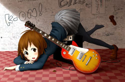 Rule 34 | 00s, 1girl, amplifier, brown eyes, brown hair, cable, guitar, hirasawa yui, instrument, k-on!, looking at viewer, okamocheese, pantyhose, plectrum, school uniform, shoes, short hair, single shoe, skirt, solo, top-down bottom-up