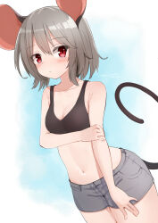 Rule 34 | 1girl, animal ears, bare shoulders, black shirt, blush, breasts, cleavage, collarbone, crop top, grey hair, grey shorts, hair between eyes, highres, holding own arm, medium breasts, medium hair, midriff, mouse ears, mouse girl, mouse tail, navel, nazrin, red eyes, shirt, short shorts, shorts, sidelocks, sweat, tail, touhou, umino hotate