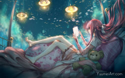 Rule 34 | 1girl, barefoot, brown hair, dress, fish, from side, highres, long hair, rin (shelter), shelter (song), solo, stuffed animal, stuffed toy, teddy bear, yuumei
