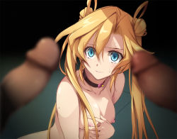 Rule 34 | 1girl, 2boys, abukuma (kancolle), bishoujo senshi sailor moon, bishoujo senshi sailor moon s, black choker, blonde hair, blue eyes, blurry, breasts, choker, closed mouth, collarbone, commentary request, derivative work, double bun, hair between eyes, hair bun, hair rings, imminent penetration, kantai collection, kyoro (cothurnus), medium breasts, meme, mole, mole on arm, multiple boys, multiple penises, nipples, nude, parody, penis, penis awe, sailor moon redraw challenge (meme), solo focus, sweatdrop, twintails