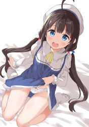 Rule 34 | 1girl, :d, ahoge, bad id, bad pixiv id, bed sheet, beret, black hair, blue dress, blush, bobby socks, clothes lift, collared dress, commentary request, dress, dress lift, dutch angle, gyuunyuu nomio, hat, highres, hinatsuru ai, layered sleeves, lifting own clothes, long hair, long sleeves, looking at viewer, low twintails, no shoes, open mouth, panties, puffy short sleeves, puffy sleeves, ryuuou no oshigoto!, school uniform, short over long sleeves, short sleeves, smile, socks, soles, solo, teeth, twintails, underwear, upper teeth only, very long hair, white background, white hat, white panties, white socks