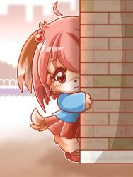 Rule 34 | artist request, blush, brick wall, dog, embarrassed, furry, hair bobbles, mary janes, peeking, pink eyes, pink hair, scared, skirt, tail