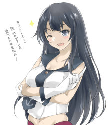Rule 34 | 1girl, agano (kancolle), black hair, black necktie, black sailor collar, commentary request, crossed arms, gakky, gloves, green eyes, kantai collection, long hair, midriff, necktie, one-hour drawing challenge, one eye closed, sailor collar, school uniform, serafuku, simple background, solo, translation request, white background, white gloves