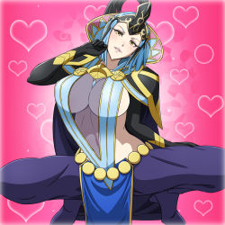 Rule 34 | 1girl, arete (fire emblem), blue hair, blush, breasts, cape, cleavage, covering privates, covering nipples, elbow gloves, fire emblem, fire emblem fates, gloves, heart, helmet, highres, huge breasts, large breasts, legs, looking at viewer, mature female, nintendo, parted lips, short hair, sideboob, simple background, smile, solo, squatting, thighs, yellow eyes, yuki (12cut)