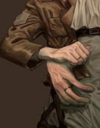 Rule 34 | 2boys, ascot, close-up, erwin smith, hand focus, hand on another&#039;s waist, hand size difference, head out of frame, highres, husband and husband, jewelry, levi (shingeki no kyojin), m0kaccinoh, male focus, multiple boys, multiple girls, paradis military uniform, ring, shingeki no kyojin, upper body, veins, veiny hands, yaoi