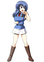 Rule 34 | 1girl, absurdres, belt, black belt, blue eyes, blue hair, blue jacket, boots, brown footwear, clenched hand, commentary, dress shirt, eclair (girls und panzer), fighting stance, full body, girls und panzer, highres, insignia, jacket, kamishima kanon, knee boots, long hair, looking to the side, maginot military uniform, miniskirt, necktie, open mouth, pleated skirt, red necktie, shirt, simple background, skirt, sleeveless, sleeveless jacket, smile, solo, spade (shape), standing, sweatdrop, white background, white shirt, white skirt, wing collar