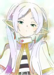 Rule 34 | 1girl, capelet, closed mouth, commentary, earrings, elf, frieren, green eyes, ixy, jewelry, long hair, looking at viewer, pointy ears, shirt, solo, sousou no frieren, striped clothes, striped shirt, twintails, upper body, white capelet, white hair