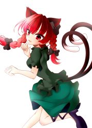 Rule 34 | 1girl, animal ears, bow, braid, cat ears, cat tail, dress, extra ears, fingernails, foot out of frame, from side, highres, kaenbyou rin, looking at viewer, multiple tails, muumuu (sirufuruteienn), nekomata, puffy sleeves, red eyes, red hair, sharp fingernails, simple background, solo, tail, tongue, tongue out, touhou, twin braids, two tails, white background