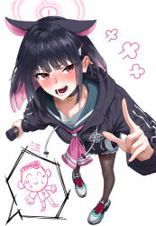 Rule 34 | absurdres, angry, animal ears, black choker, black hoodie, black pantyhose, blue archive, blush, cat choker, cat ears, choker, colored inner hair, commission, doodle sensei (blue archive), extra ears, full body, halo, highres, hood, hooded jacket, hoodie, index finger raised, jacket, kazusa (blue archive), multicolored hair, neckerchief, open mouth, pantyhose, pigeon-toed, pink halo, pink neckerchief, pleated skirt, red eyes, s.jeti, school uniform, sensei (blue archive), serafuku, skirt, two-tone hair, white background, white serafuku