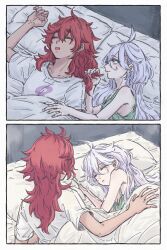 Rule 34 | 2girls, ahoge, alternate hairstyle, bed, bed sheet, blanket, blush, closed eyes, comic, commentary request, gundam, gundam suisei no majo, hair between eyes, hair down, hand in another&#039;s hair, highres, ichi27ichi, long hair, lying, messy hair, miorine rembran, multiple girls, on back, on side, open mouth, pillow, red hair, shirt, sleeping, suletta mercury, under covers, white hair, white shirt, yuri