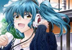 Rule 34 | 1girl, :d, blue hair, brown eyes, close-up, digital media player, headphones, highres, holding, long hair, looking at viewer, open mouth, original, smile, solo, twintails, wind, yukiharu