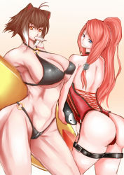 Rule 34 | 2girls, animal ears, antenna hair, arakune, arc system works, ass, back, bare shoulders, bikini, blazblue, blue eyes, breasts, brown eyes, brown hair, cameo, contrapposto, cowboy shot, crotch zipper, female focus, food, from behind, hair tubes, highres, huge breasts, large breasts, long hair, looking at viewer, looking back, makoto nanaya, multicolored hair, multiple girls, no tail, nontan (nontanexx), one-piece swimsuit, ponytail, popsicle, red hair, short hair, smile, squirrel ears, squirrel tail, standing, surfboard, swimsuit, tail, thick thighs, thigh strap, thighs, tsubaki yayoi, two-tone hair, underboob, white hair, yellow eyes, zipper