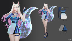 Rule 34 | 1girl, ahri (league of legends), animal ears, aqua eyes, blonde hair, blue eyes, cat ears, character request, clothing request, commentary, dress, english commentary, english text, grey background, high heels, highres, jason chan, jewelry, k/da (league of legends), league of legends, long hair, looking at viewer, official alternate costume, simple background, tagme, the baddest ahri
