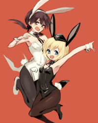 Rule 34 | 2girls, :d, animal ears, bad id, bad pixiv id, black legwear, black ribbon, blonde hair, blue eyes, blush, breasts, brown eyes, brown hair, cleavage, cross, detached collar, erica hartmann, fake animal ears, garrison cap, gertrud barkhorn, hair ribbon, hand on another&#039;s back, hat, high heels, iron cross, kodamari, leotard, long hair, medium breasts, multiple girls, open mouth, pantyhose, playboy bunny, rabbit ears, red background, ribbon, short hair, simple background, small breasts, smile, strike witches, sweatdrop, translation request, twintails, world witches series, wrist cuffs
