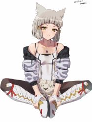 Rule 34 | 1girl, animal ears, black pantyhose, boots, butterfly sitting, cat ears, chest jewel, cosplay, dromarch (xenoblade), fingerless gloves, flat chest, gloves, grey hair, hair ornament, highres, jacket, knees apart feet together, mio (xenoblade), mio (xenoblade) (cosplay), nia (xenoblade), pantyhose, sitting, skirt, stuffed animal, stuffed toy, tassel, tassel hair ornament, white background, white footwear, white gloves, white skirt, xenoblade chronicles (series), xenoblade chronicles 2, xenoblade chronicles 3, yamamori kinako