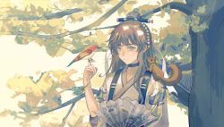 Rule 34 | 1boy, absurdres, androgynous, animal, animal on shoulder, bingzhen yugao, bird, bird on hand, bishounen, black choker, blue eyes, brown hair, chinese clothes, choker, closed mouth, hair bun, half updo, hand fan, highres, leaf, looking at viewer, male focus, male master (the tale of food), smile, solo, squirrel, the tale of food, tree