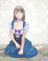 Rule 34 | 1girl, absurdres, barefoot, blue choker, blue dress, blush, bow, breasts, brown eyes, brown hair, choker, cleavage, closed mouth, collarbone, dirndl, dress, feet, frilled choker, frills, full body, german clothes, grey background, highres, looking at viewer, medium breasts, medium hair, on ground, original, parted bangs, puffy short sleeves, puffy sleeves, purple bow, shadow, short sleeves, sitting, smile, solo, toenails, toes, toyoki, underbust, white dress