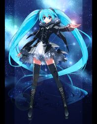 Rule 34 | 1girl, aqua hair, black thighhighs, blue eyes, boots, constellation, cross-laced footwear, dress, hatsune miku, highres, knee boots, lace-up boots, lens flare, long hair, outstretched arm, pillarboxed, sagittarius (constellation), skindentation, sky, solo, star (sky), star (symbol), starry sky, thighhighs, toujou chika, twintails, very long hair, vocaloid