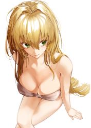 Rule 34 | 1girl, bad id, bad pixiv id, blonde hair, blurry, bra, breasts, cleavage, fate/grand order, fate (series), feet out of frame, green eyes, hair between eyes, hair intakes, highres, large breasts, lips, long hair, looking to the side, nero claudius (fate), nero claudius (fate), nero claudius (fate/extra), simple background, solo, strapless, strapless bra, underwear, utayoi (umakatare), very long hair, white background