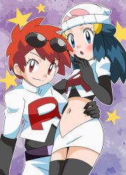 Rule 34 | 2girls, arm around waist, beanie, blue eyes, blue hair, blush, breasts, closed mouth, cosplay, creatures (company), dawn (pokemon), elbow gloves, game freak, gloves, hainchu, hair ornament, hat, james (pokemon), james (pokemon) (cosplay), jessie (pokemon), jessie (pokemon) (cosplay), long hair, looking at viewer, midriff, multiple girls, navel, nintendo, open mouth, pokemon, pokemon (anime), pokemon dppt (anime), red eyes, red hair, short hair, skirt, smile, sunglasses, team rocket, team rocket (cosplay), team rocket uniform, zoey (pokemon)