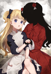 Rule 34 | 2girls, absurdres, apron, black bow, black dress, black skin, blonde hair, blue eyes, blunt bangs, blush, bow, colored skin, commentary request, dress, emilico (shadows house), flower, hair bow, hair flower, hair ornament, hand on another&#039;s arm, head tilt, highres, holding hands, juliet sleeves, kate (shadows house), knees, leg up, long hair, long sleeves, looking at viewer, maid apron, multiple girls, open mouth, pleated dress, pocket, print dress, puffy sleeves, red dress, red flower, red rose, rose, shadow (shadows house), shadows house, shikinagi, short dress, two side up, white apron