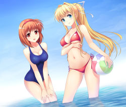 Rule 34 | 00s, 2girls, air (visual novel), atomix, ball, bare shoulders, beachball, bikini, blonde hair, blue eyes, blue sky, breasts, brown eyes, brown hair, cleavage, company connection, covered erect nipples, crossover, day, hair intakes, hair ribbon, hairband, heart, kamio misuzu, kanon, key (company), leaning forward, long hair, looking at viewer, medium breasts, multiple girls, navel, one-piece swimsuit, ponytail, red bikini, ribbon, school swimsuit, side-tie bikini bottom, sky, smile, swimsuit, tsukimiya ayu, wading, water