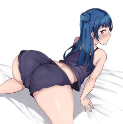 Rule 34 | 10s, 1girl, all fours, alp, ass, bare shoulders, black shirt, black shorts, blue hair, blunt bangs, blush, closed mouth, commentary request, from behind, hair bun, long hair, looking at viewer, looking back, love live!, love live! sunshine!!, pantylines, pink eyes, shiny skin, shirt, short shorts, shorts, side bun, simple background, single side bun, sleepwear, solo, tank top, trefoil, tsushima yoshiko, white background